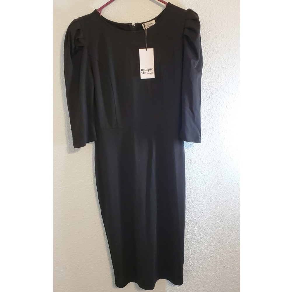 Midi pencil shaped dress with puff sleeves